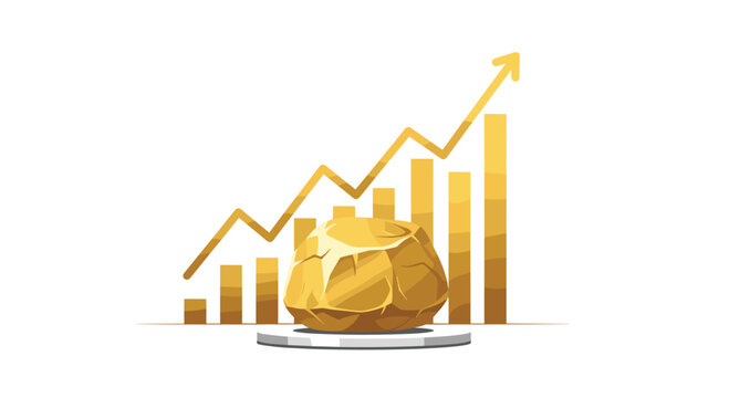A textured golden nugget sitting on a circular pedestal in front of an ascending yellow bar chart representing financial growth on a plain white background.