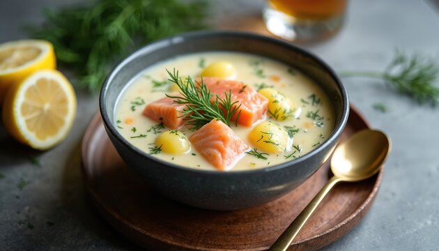 Creamy salmon soup with potatoes and dill in bowl. Fresh fish stew with lemon garnish and herbs. Hearty meal served with golden spoon. Savory Nordic cuisine.
