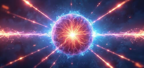 Obraz premium Abstract concept art illustrates nuclear fusion reaction with bright energy plasma ball and light beams. Explosive light show in deep space. Futuristic clean power generation.