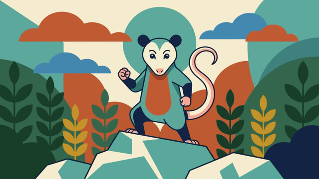 Unique possum vector illustration with a confident stance against a stylized mountainous background, perfect for nature or wildlife themes