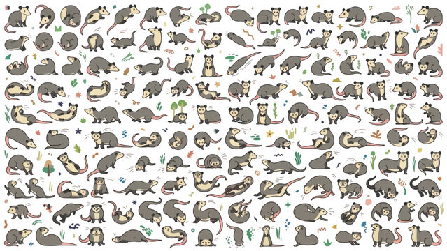Diverse collection of possum vector illustrations featuring opossums in numerous active and resting poses, perfect for nature and animal-themed projects