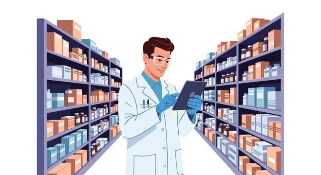 A male pharmacist standing in a pharmacy aisle is using a digital tablet to manage inventory stock with tall medicine shelves surrounding him in soft lighting.