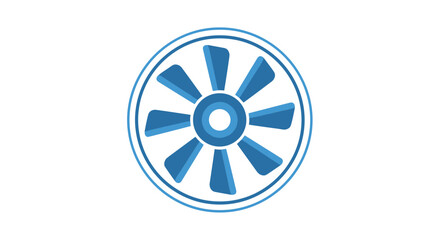 Obraz premium A blue industrial fan with eight angled blades rotates within a clean concentric circular frame against a bright white background for mechanical ventilation systems.
