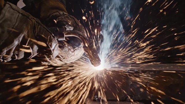 Close up on calloused hands of a welder gripping metal and creating a shower of brilliant sparks during intense industrial work