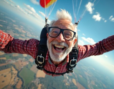 Elderly man joyfully skydives with guide overhead. He smiles widely with parachute open above vast landscape below. This tandem free fall shows pure freedom and thrill of adventure.