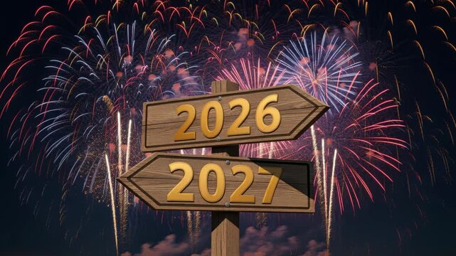 New Year Crossroads: A weathered wooden signpost directs toward the future years of 2026 and 2027, illuminated by a spectacular fireworks display, symbolizing hope and new beginnings.