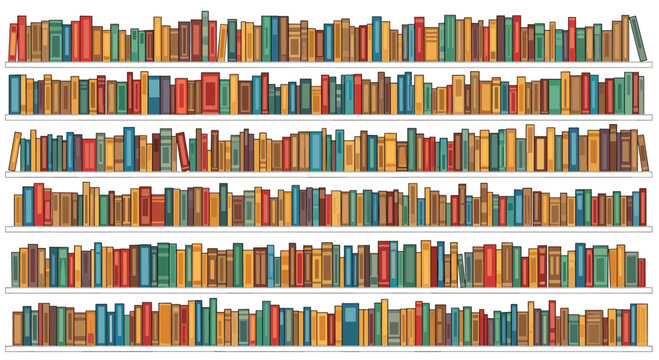Five parallel horizontal shelves are densely packed with a wide collection of colorful hardcover books in this detailed flat vector design for a large home library.