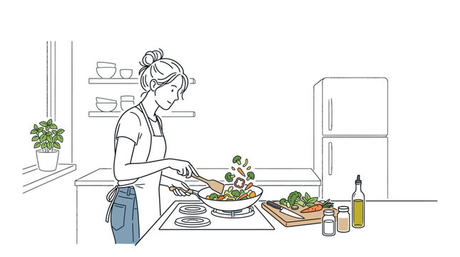 Woman cooking fresh vegetables in a wok on a stove in a modern kitchen, illustration