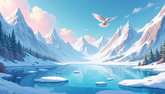 White dove flies over frozen lake amid snowy mountains. Pine trees line snowy banks. Blue sky with pink clouds frames winter arctic landscape. Cold frosty scene.