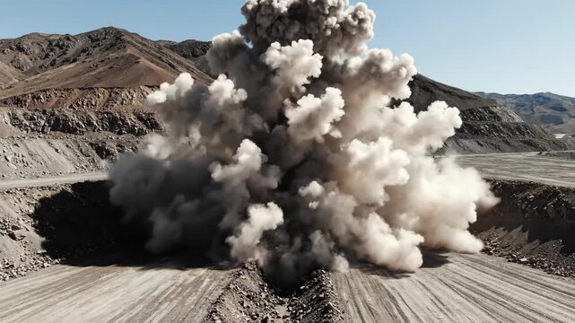 Massive controlled explosion in a mining quarry creating a vast dust cloud and reshaping the landscape for infrastructure
