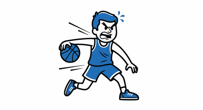 Cartoon boy energetically dribbling a basketball on court.