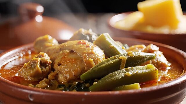 Hearty Chicken and Okra Stew Served in a Rustic Bowl.
