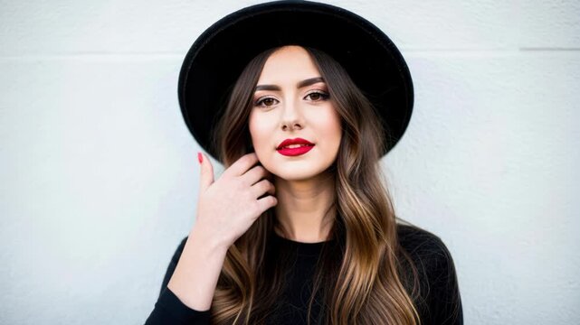 Stylish Woman with Black Hat: A beautiful young woman with long, wavy brown hair and bold red lipstick, wearing a chic black fedora and black top, poses confidently with a gentle touch to her face.
