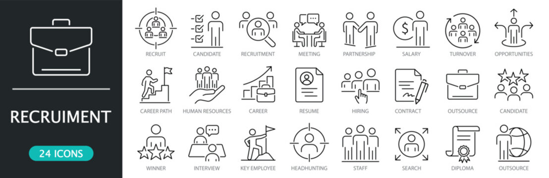 Recruitment line icon set. Editable stroke. Human resources and hiring symbols including candidate selection, interview, staffing, career growth, headhunting, contract and employee management concepts