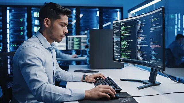 Programmer working on computer in modern data center with blue lighting.