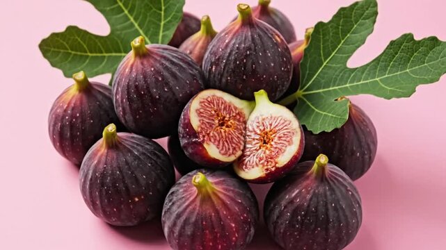 Ripe and Fresh Black Mission Figs Displayed with a Leaf Against a Soft Pink Background