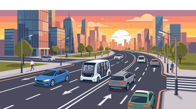 An autonomous shuttle bus travels through a modern urban intersection with cars on a multi-lane road under a bright sunset sky in a flat vector art style.