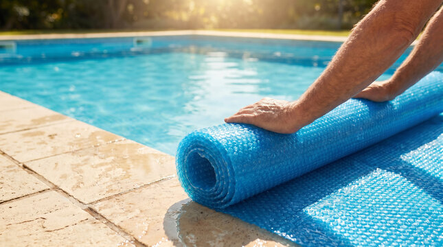 Hands of a man rolling a blue solar bubble cover by the swimming pool. Pool maintenance, cleaning and water protection concept