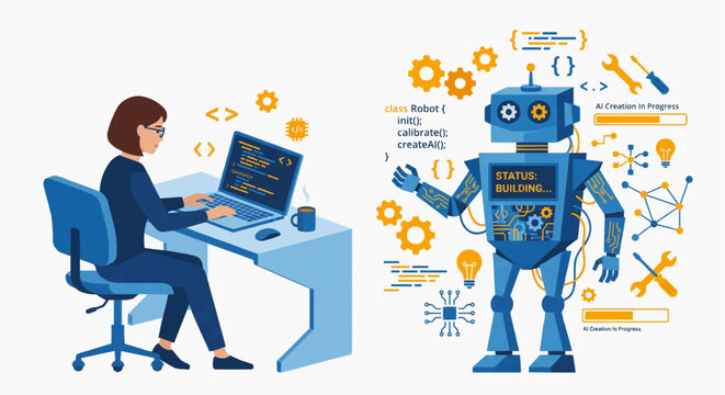 Human Programmer Building and Coding AI Robot Flat Vector Illustration, Software Development Technology Concept