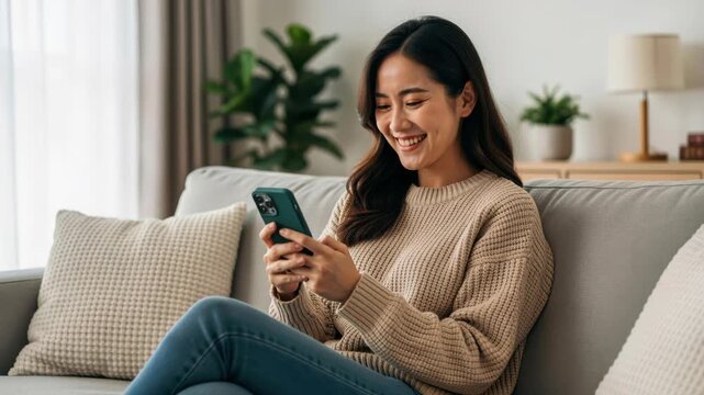 Happy Woman Using Smartphone on Sofa