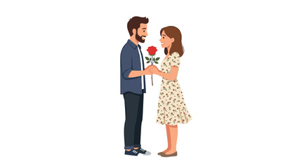 Fototapeta premium A man wearing a casual blue shirt presents a single long-stemmed red rose to a woman dressed in a floral summer dress against a solid white background.