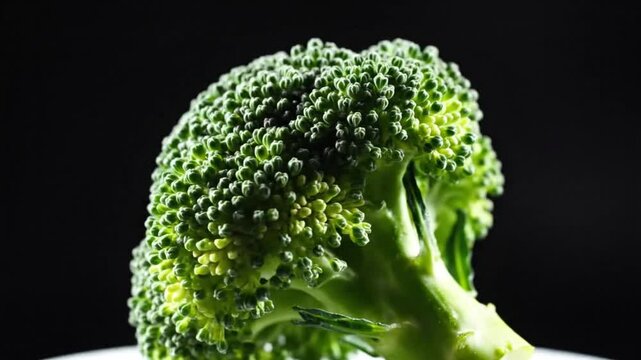 Rotating broccoli head against black background, studio shot of the nutritious vegetable and healthy eating