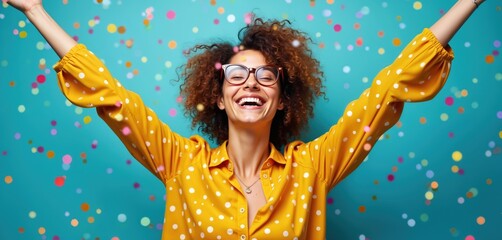 Obraz premium Woman with arms raised laughs joyfully in falling colorful confetti. She wears glasses and a yellow polka dot shirt against a bright teal backdrop, conveying pure elation and excitement.