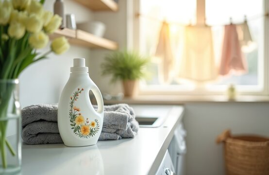 Bottle of detergent sits on counter next to folded towels in bright sunlit laundry room. Clothes dry on line near window, fresh air fills room.
