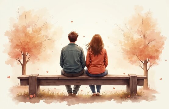 Couple sits on park bench in autumn. Warm orange trees surround them. Hearts float in air. They are together, looking forward peacefully, quiet moment shared.