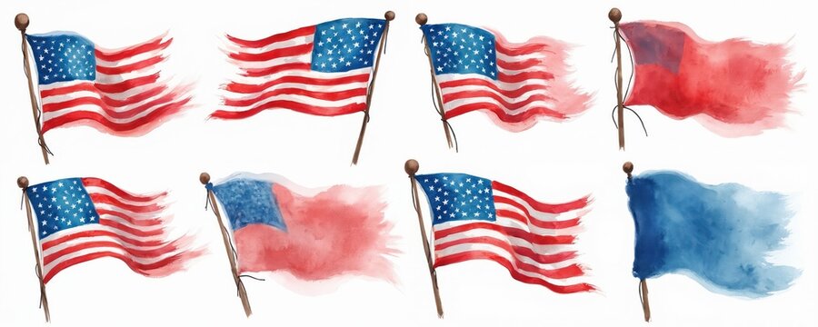 Collection of watercolor American flags and solid color banners in red and blue. Flags wave with distressed edges. Artistic display of national symbols and patriotic elements.