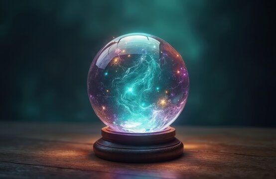 Glass sphere glows with colorful nebula energy on wood table. Mystical orb predicts future, offers supernatural insight. Dark background hints at magic secrets. Divination tool.