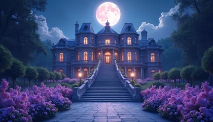Obraz premium Majestic mansion with grand staircase and blooming gardens sits under a large pink moon. Lush trees surround the estate at nighttime. Lights glow warmly from windows.