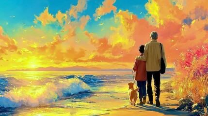 Fototapeta premium 夕日に寄り添う海辺の散歩と温かな介護のひととき