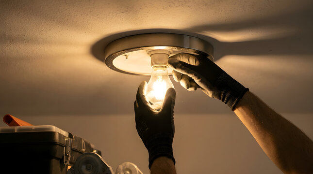 Person wearing protective gloves changing light bulb in ceiling fixture with lighting replacement electricity handyman maintenance electrician