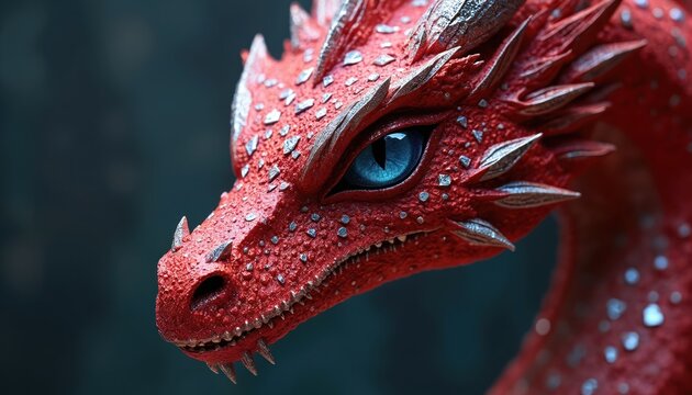 Closeup red dragon head with bright blue eyes. Scales have diamond pattern and glittery texture. Creature looks fierce with sharp teeth and spikes.