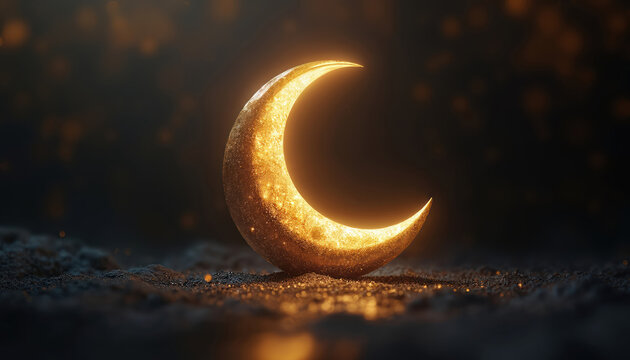 Golden crescent moon glows brightly on dark textured ground. Tiny sparks float in background. Night sky abstract art for luxury or holiday themes. Elegant, radiant, celestial graphic.