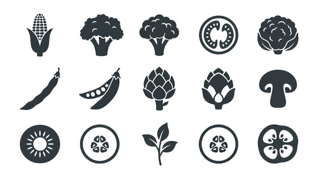Flat silhouette vector icon set of 12 mixed vegetables  corn cob silhouette  broccoli head silhouette  cauliflower silhouette  green bean silhouette  snow pea silhouette  artichoke silhouette 