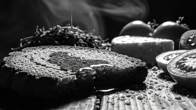 Black and white close up of food, pouring liquid on bread, with tomatoes, cheese and thyme