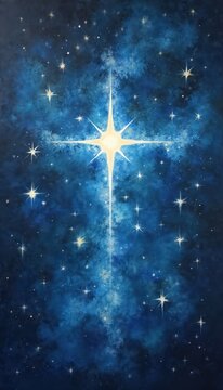 Bright star shines in deep blue starry sky with cosmic nebula clouds. Celestial art depicts space creation with glowing light beams. Fantasy universe, night backdrop.