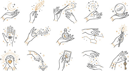 Mystical witch hands vector set with magic wand tarot card crystal ball potion bottle celestial moon stars runes palmistry and esoteric occult symbols © Rumi