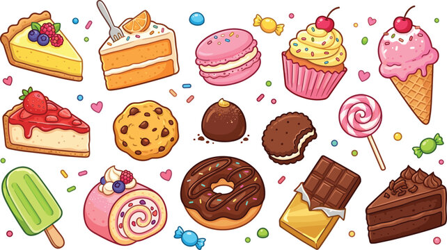 Cute sweet dessert cartoon vector set with delicious chocolate cake donut cupcake ice cream cookie macaron tart candy pastry food doodle illustrations
