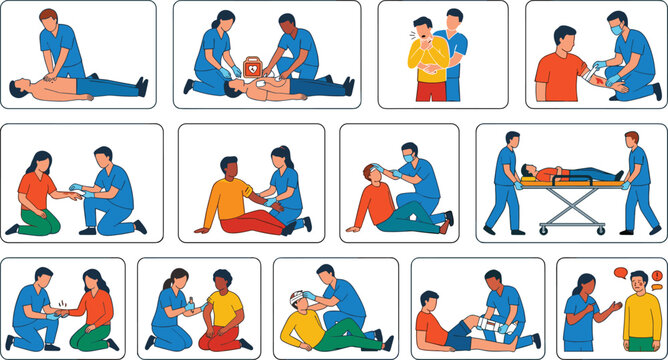 First aid vector instruction set showing cpr aed training heimlich maneuver injury bandaging medical emergency procedure and healthcare rescue steps vector illustration