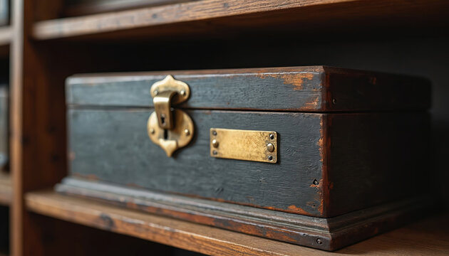 Old dark wooden box with aged brass lock rests on shelf. Small empty label plate attached to front surface. Container has weathered texture.