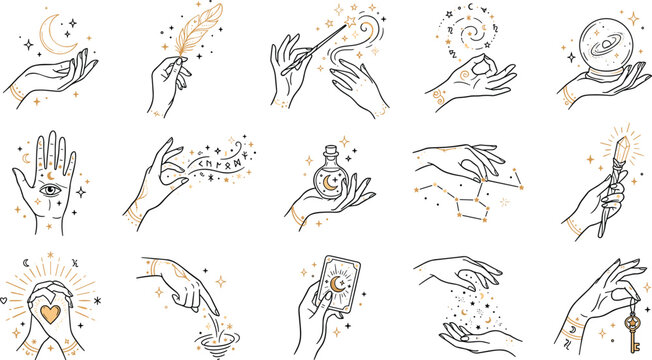 Mystical witch hands vector set with magic wand tarot card crystal ball potion bottle celestial moon stars runes palmistry and esoteric occult symbols