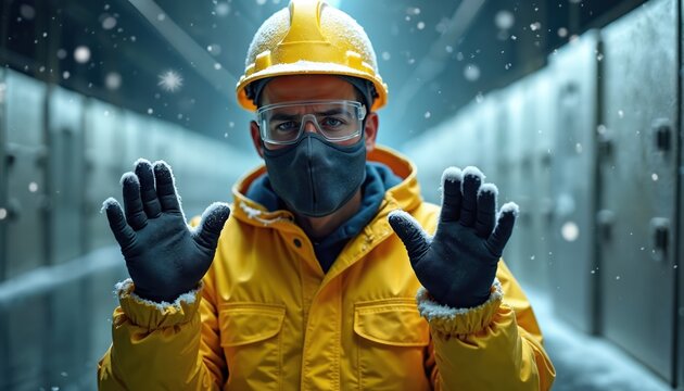 Worker wearing safety gear in extreme cold industrial freezer. Man shows frosty gloved hands, feeling the chill. He works in subzero temperature storage warehouse, facing winter conditions.