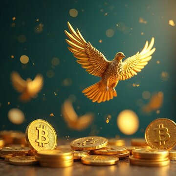 Golden bird and bitcoin coins symbolize financial growth and wealth. This image represents prosperity and freedom in the digital currency market. It shows success and opportunity.