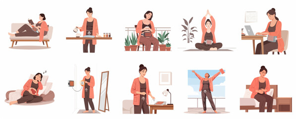 Woman using electric heating pad for menstrual cramp relief during various daily activities, flat vector illustration set © Arne