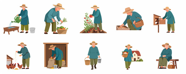 Fototapeta premium Elderly female farmer characters set engaging in various agricultural activities like harvesting vegetables, feeding chickens, and watering plants. Flat vector illustration on white.