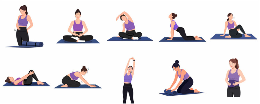 Set of woman characters doing yoga and stretching exercises to relieve stomach pain and bloating