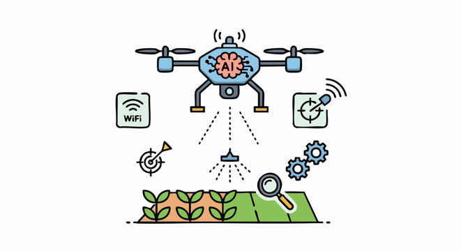 AI powered drone spraying crops for modern agriculture.